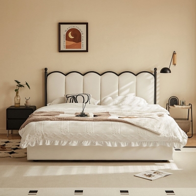 Beige Color Leather Double Bed